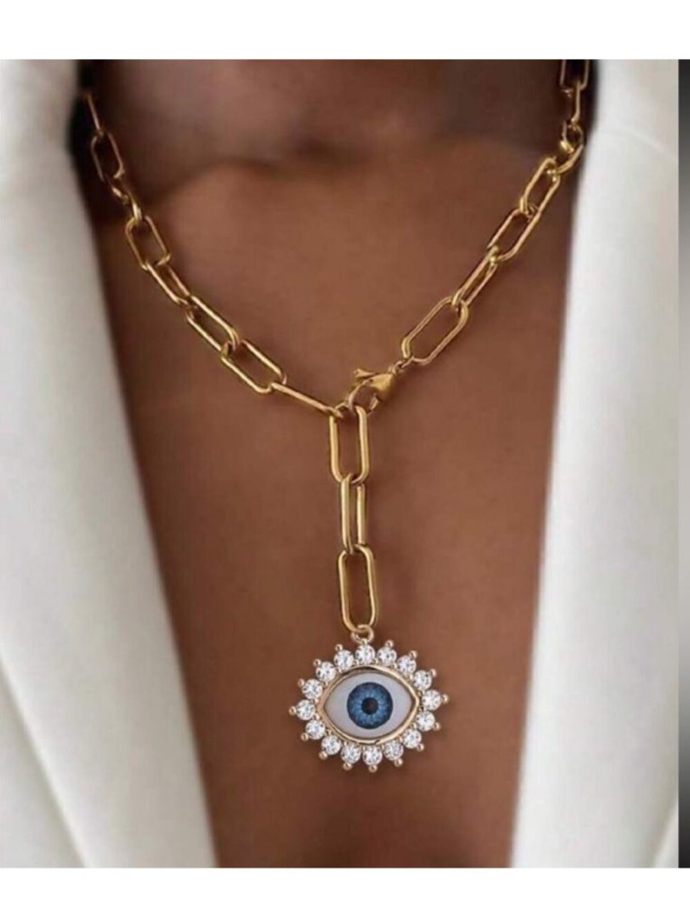Gold Link Necklace with Blue Eye Charm N249